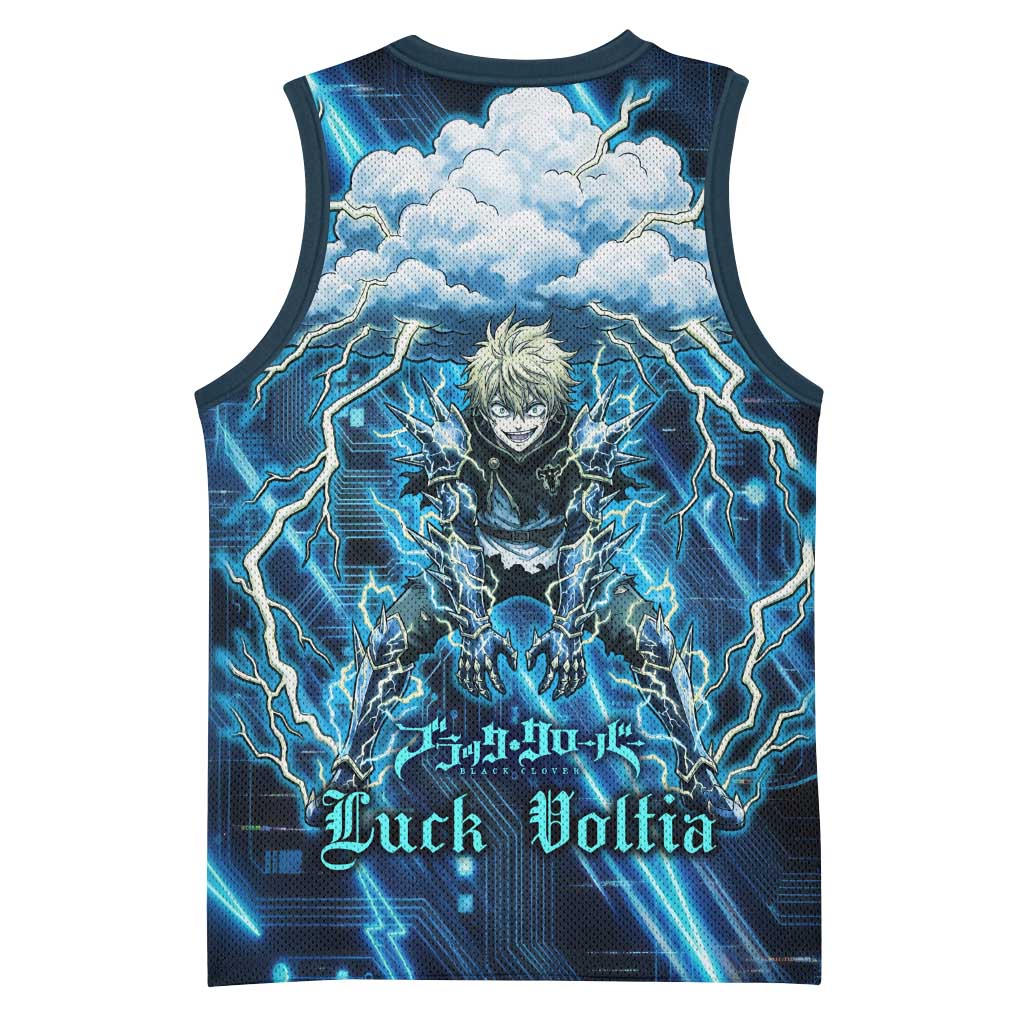 Luck Voltia Black Clover Basketball Jersey Tech Lightning Anime Style with Electric Circuit Background