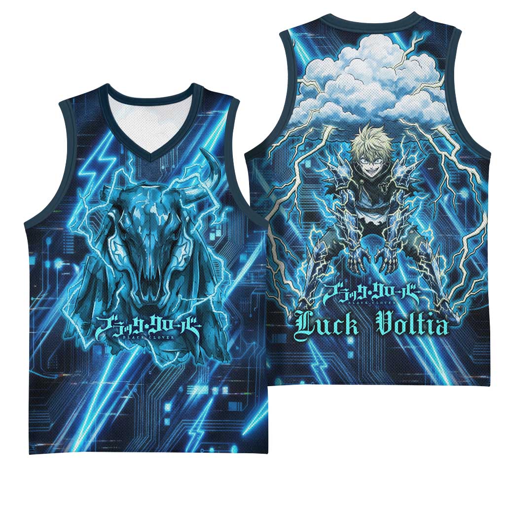 Luck Voltia Black Clover Basketball Jersey Tech Lightning Anime Style with Electric Circuit Background