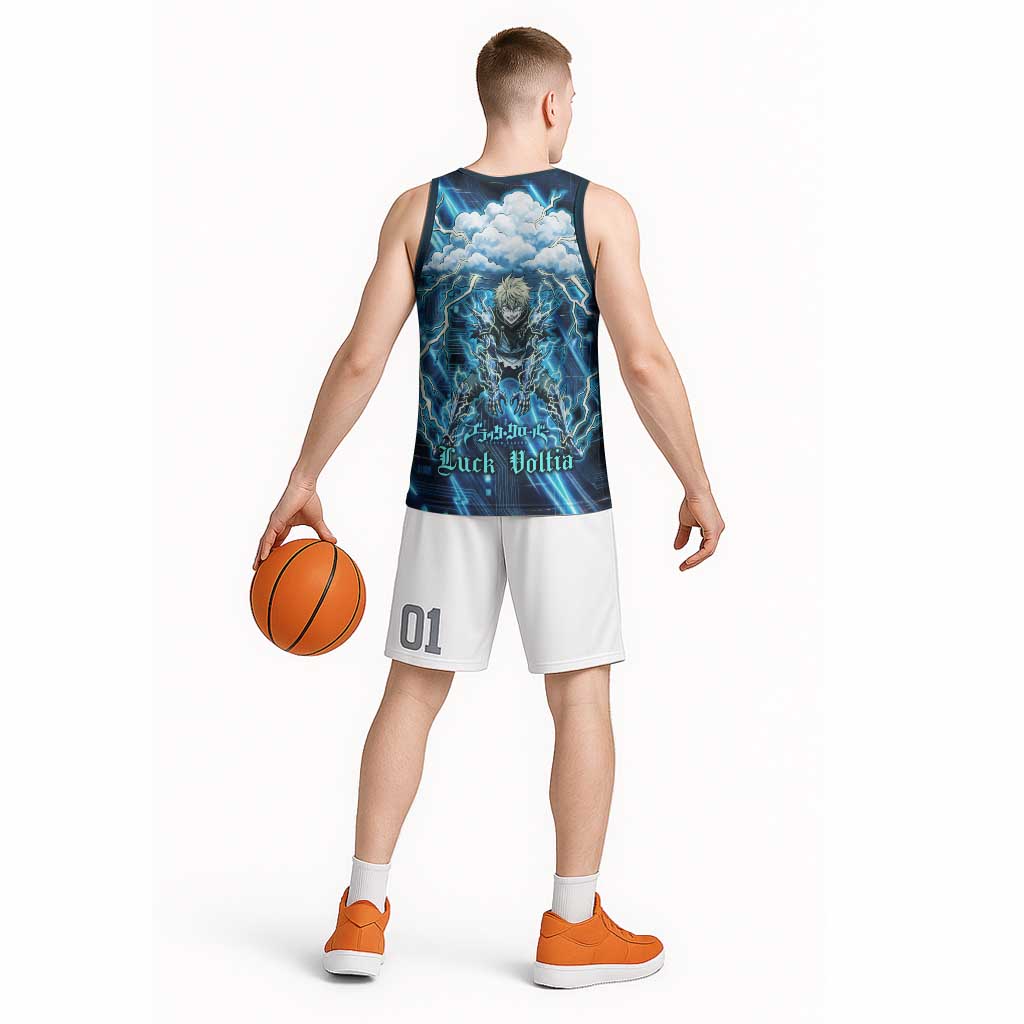 Luck Voltia Black Clover Basketball Jersey Tech Lightning Anime Style with Electric Circuit Background