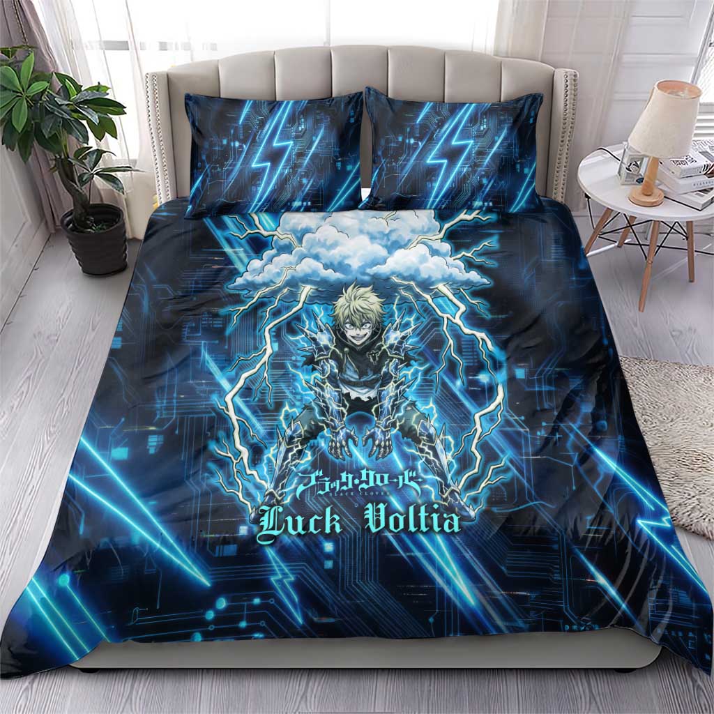 Luck Voltia Black Clover Bedding Set Tech Lightning Anime Style with Electric Circuit Background