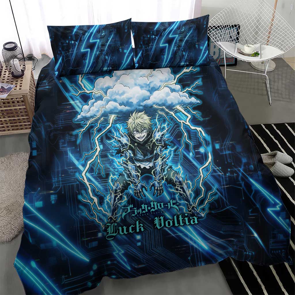 Luck Voltia Black Clover Bedding Set Tech Lightning Anime Style with Electric Circuit Background