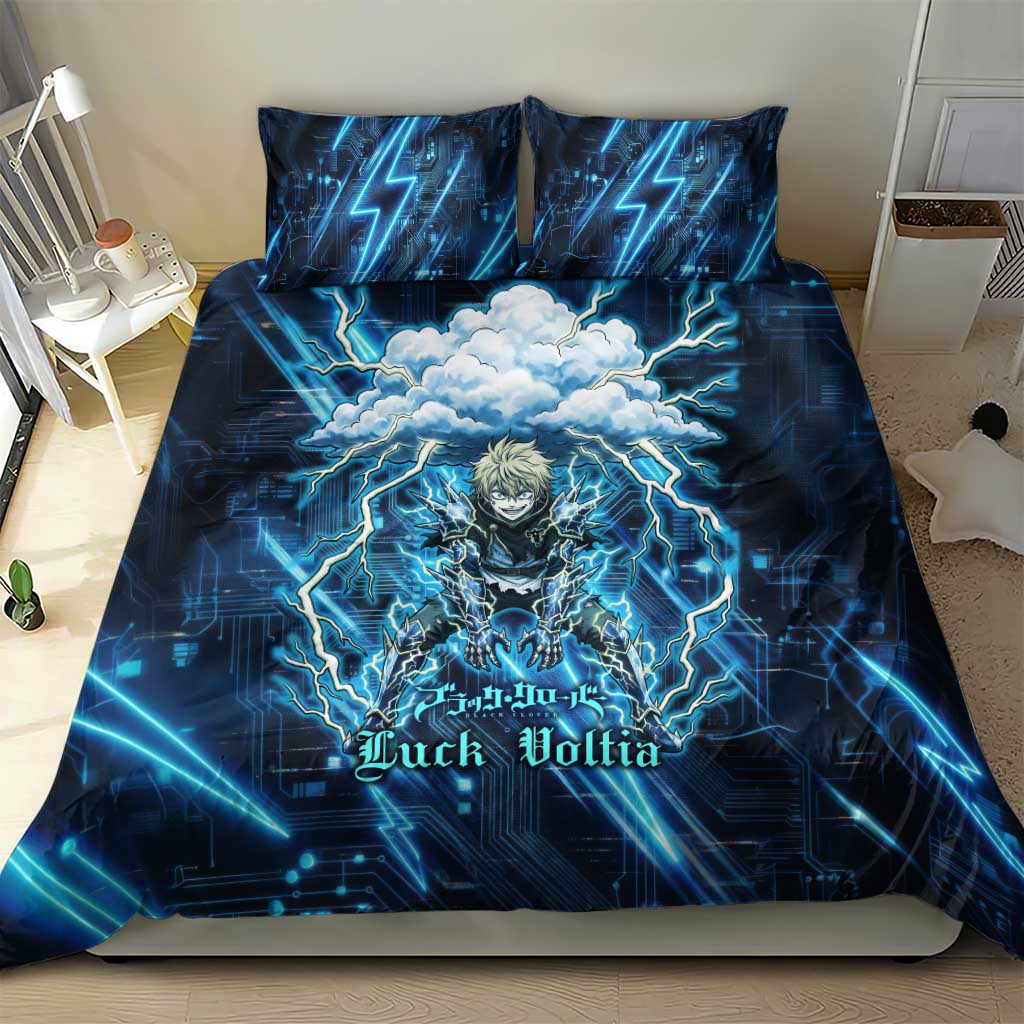 Luck Voltia Black Clover Bedding Set Tech Lightning Anime Style with Electric Circuit Background