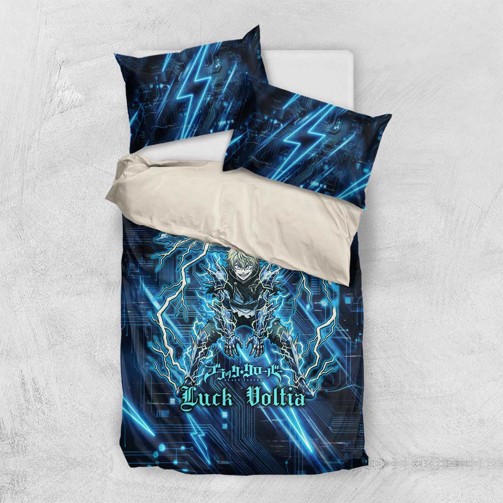Luck Voltia Black Clover Bedding Set Tech Lightning Anime Style with Electric Circuit Background