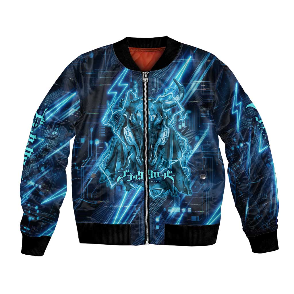 Luck Voltia Black Clover Bomber Jacket Tech Lightning Anime Style with Electric Circuit Background