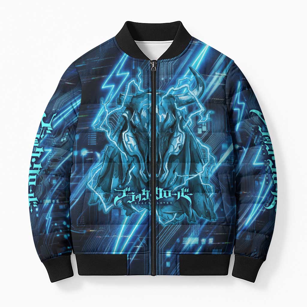 Luck Voltia Black Clover Bomber Puffer Jacket Tech Lightning Anime Style with Electric Circuit Background