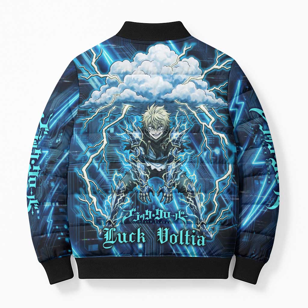 Luck Voltia Black Clover Bomber Puffer Jacket Tech Lightning Anime Style with Electric Circuit Background