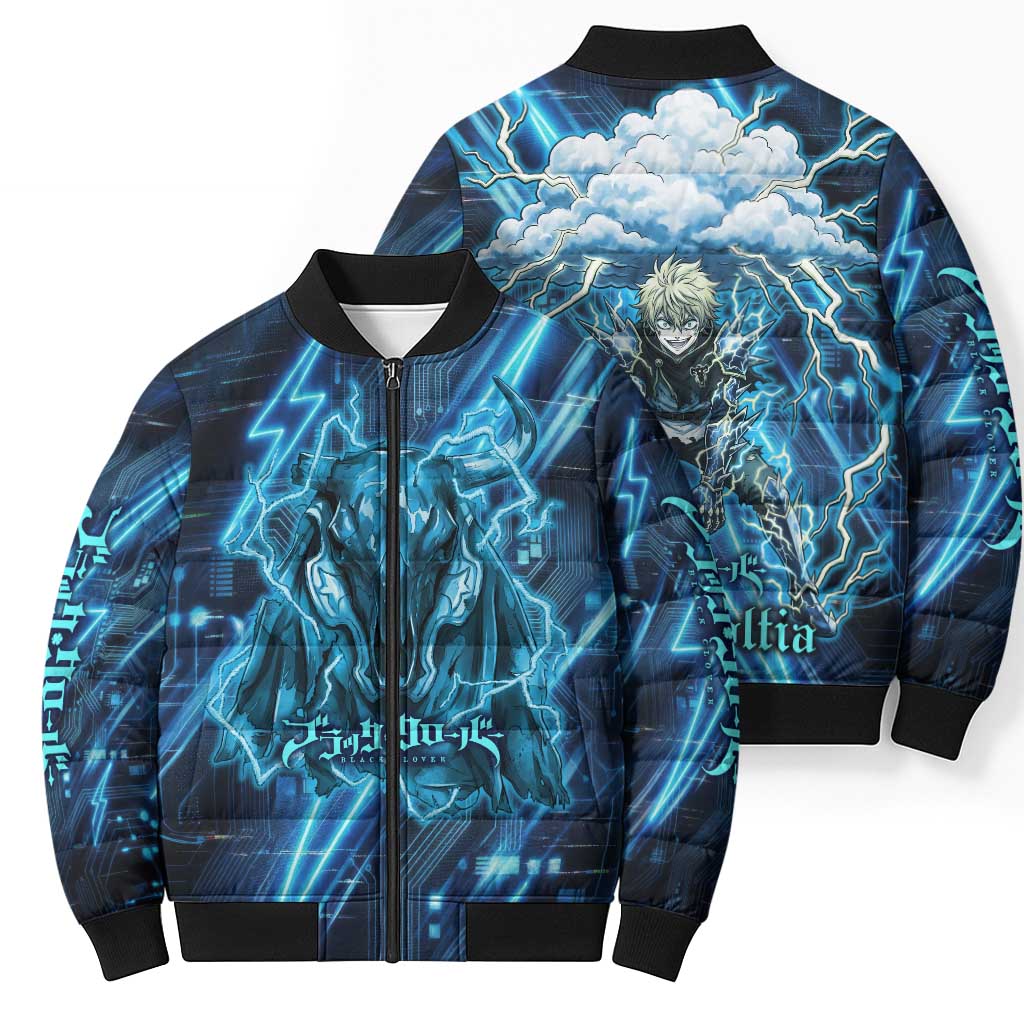 Luck Voltia Black Clover Bomber Puffer Jacket Tech Lightning Anime Style with Electric Circuit Background