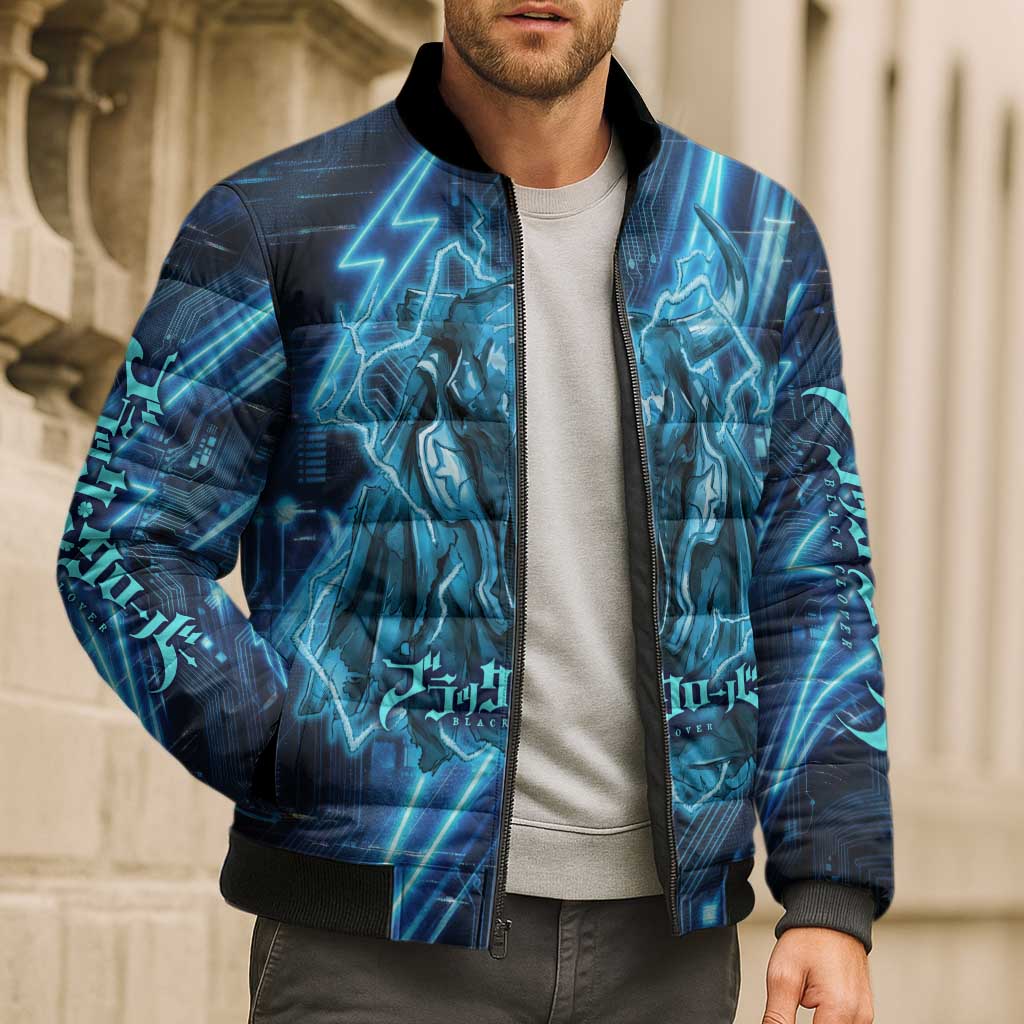 Luck Voltia Black Clover Bomber Puffer Jacket Tech Lightning Anime Style with Electric Circuit Background