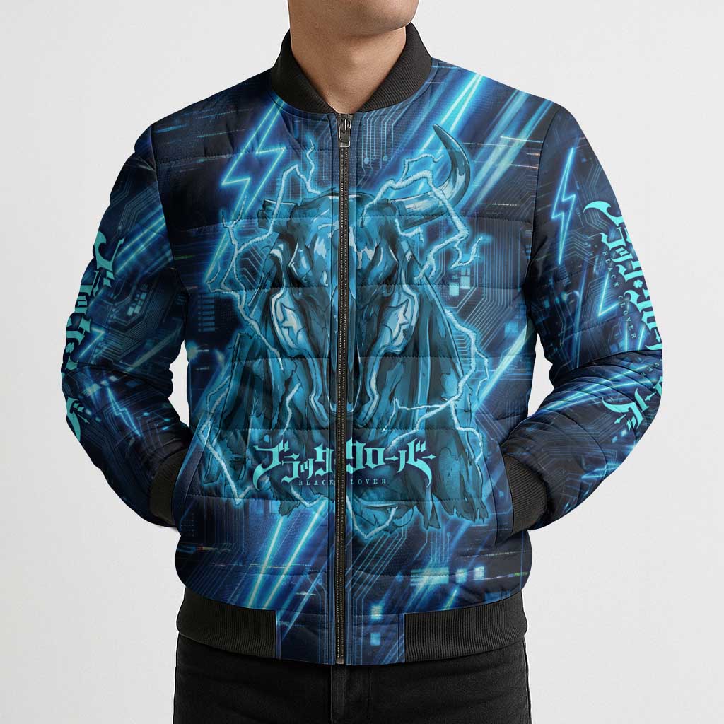 Luck Voltia Black Clover Bomber Puffer Jacket Tech Lightning Anime Style with Electric Circuit Background