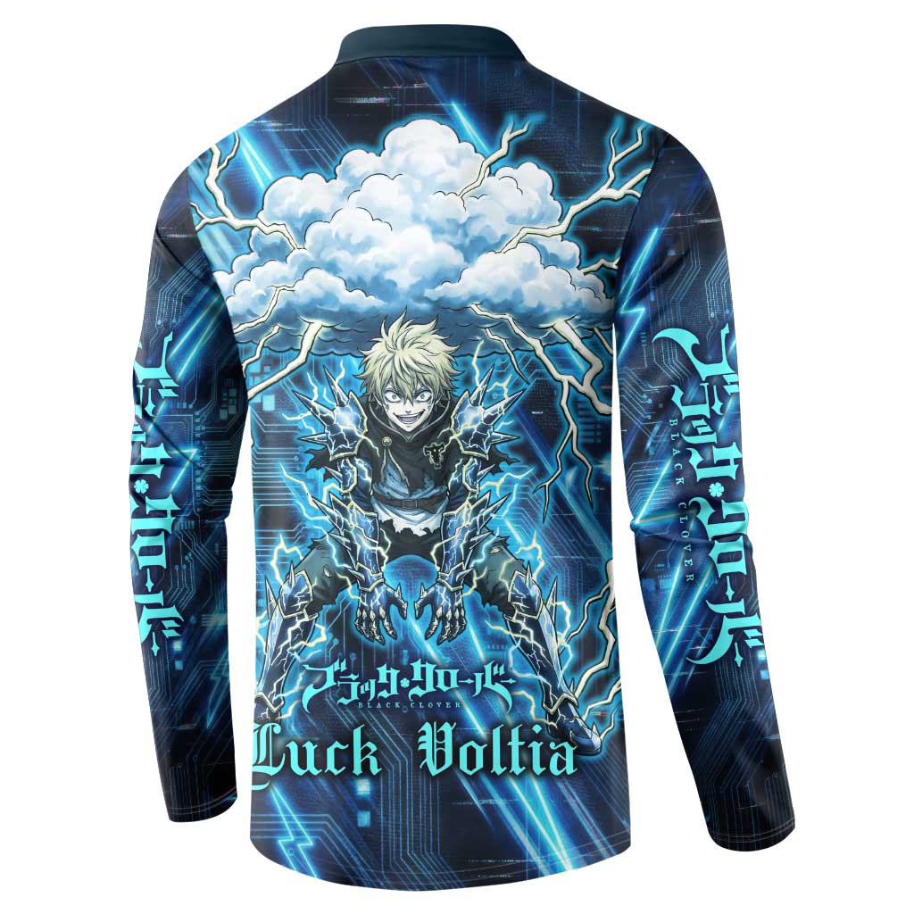 Luck Voltia Black Clover Button Sweatshirt Tech Lightning Anime Style with Electric Circuit Background
