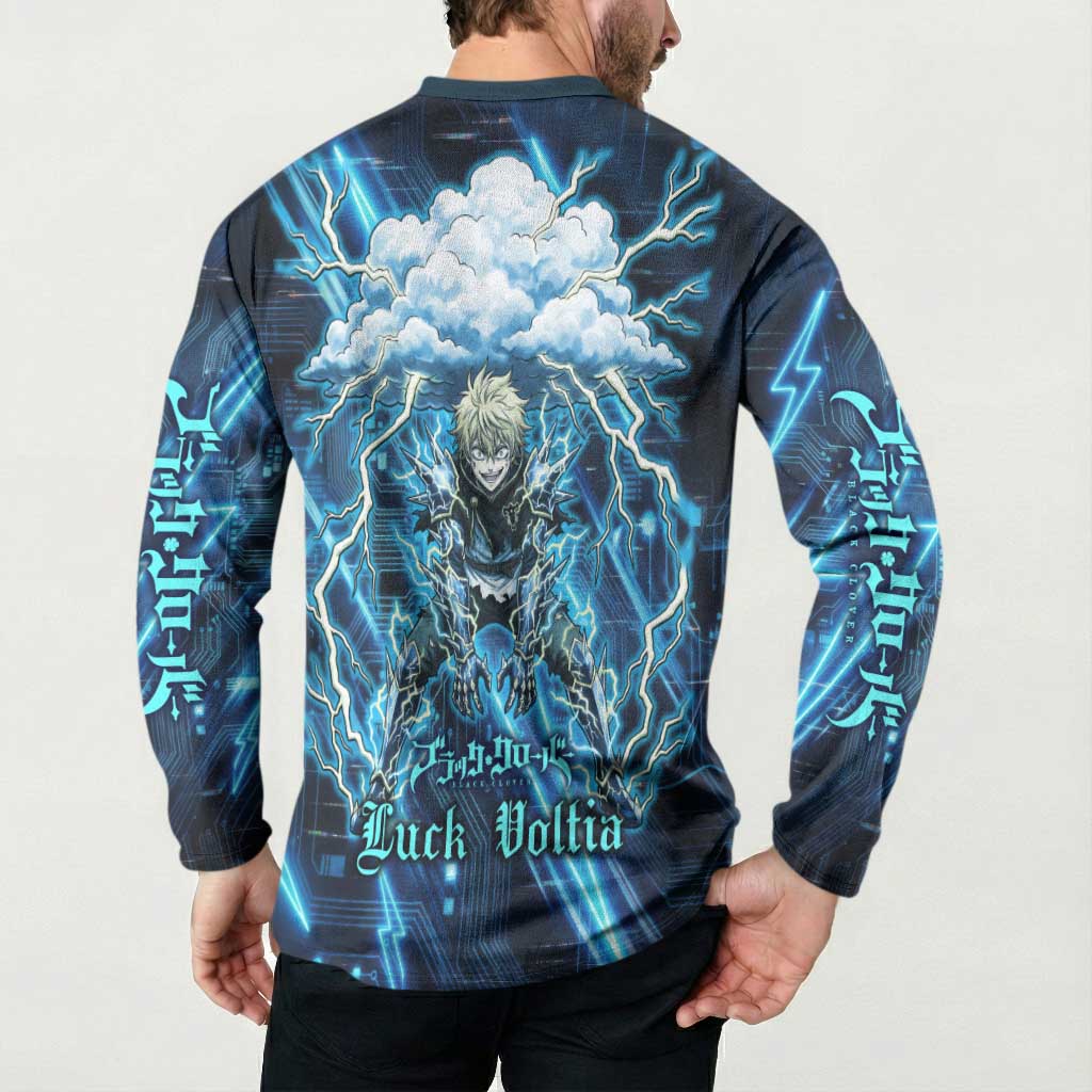 Luck Voltia Black Clover Button Sweatshirt Tech Lightning Anime Style with Electric Circuit Background