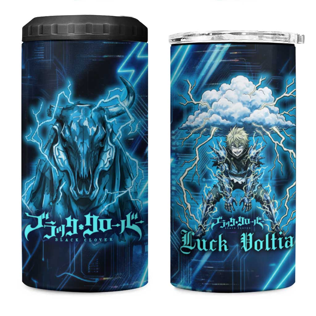 Luck Voltia Black Clover 4 in 1 Can Cooler Tumbler Tech Lightning Anime Style with Electric Circuit Background