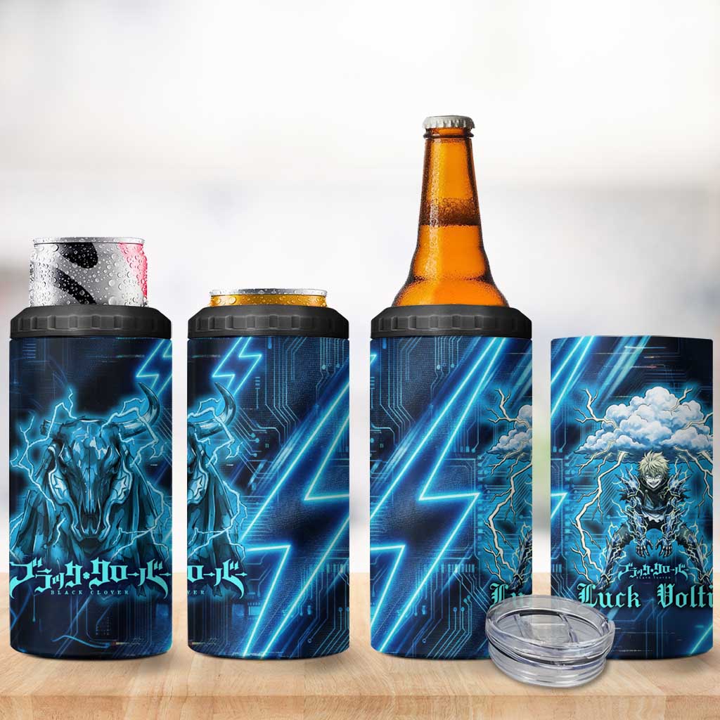 Luck Voltia Black Clover 4 in 1 Can Cooler Tumbler Tech Lightning Anime Style with Electric Circuit Background