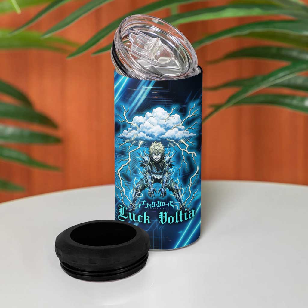 Luck Voltia Black Clover 4 in 1 Can Cooler Tumbler Tech Lightning Anime Style with Electric Circuit Background