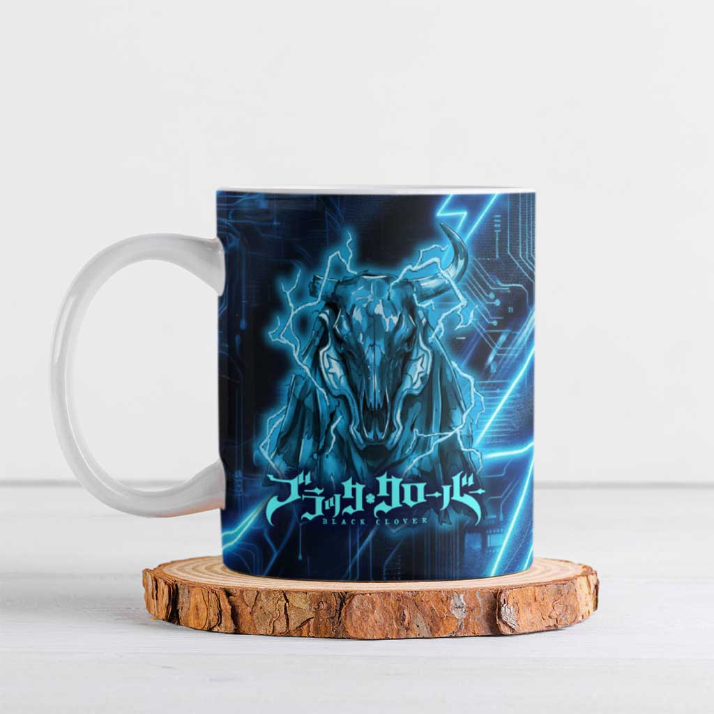 Luck Voltia Black Clover Ceramic Mug Tech Lightning Anime Style with Electric Circuit Background