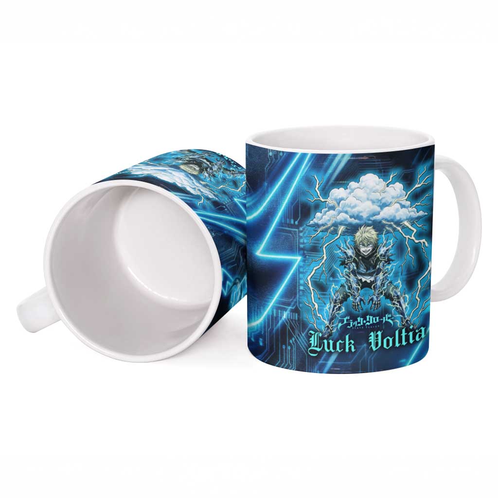 Luck Voltia Black Clover Ceramic Mug Tech Lightning Anime Style with Electric Circuit Background
