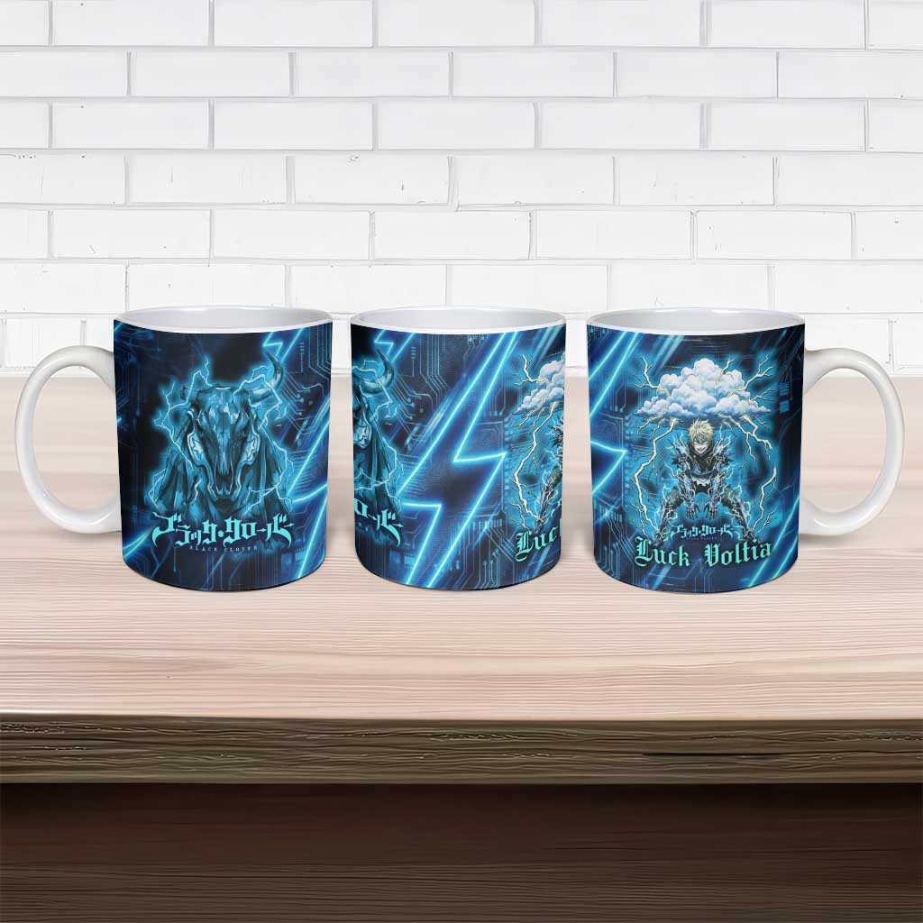 Luck Voltia Black Clover Ceramic Mug Tech Lightning Anime Style with Electric Circuit Background