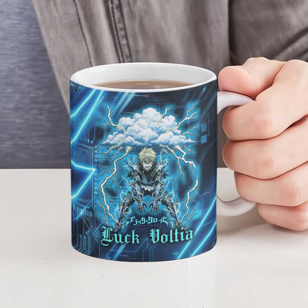 Luck Voltia Black Clover Ceramic Mug Tech Lightning Anime Style with Electric Circuit Background