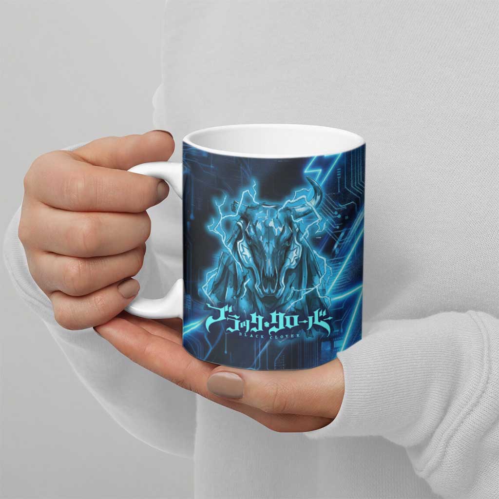 Luck Voltia Black Clover Ceramic Mug Tech Lightning Anime Style with Electric Circuit Background