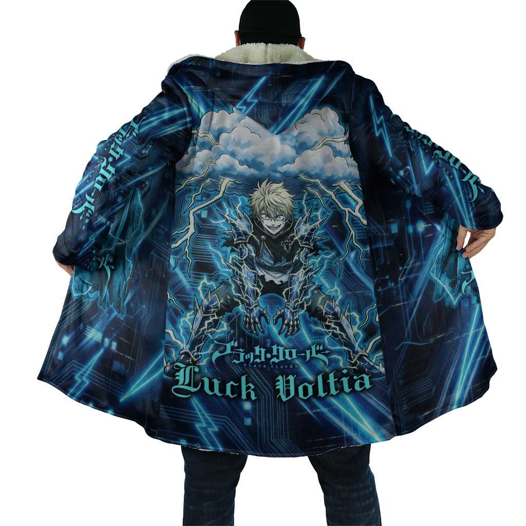 Luck Voltia Black Clover Cloak Tech Lightning Anime Style with Electric Circuit Background