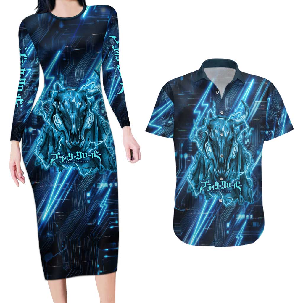 Luck Voltia Black Clover Couples Matching Long Sleeve Bodycon Dress and Hawaiian Shirt Tech Lightning Anime Style with Electric Circuit Background