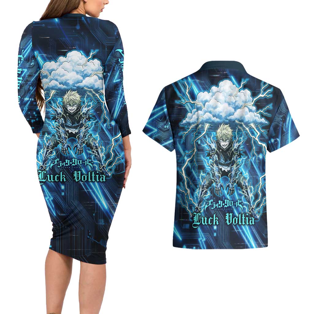 Luck Voltia Black Clover Couples Matching Long Sleeve Bodycon Dress and Hawaiian Shirt Tech Lightning Anime Style with Electric Circuit Background