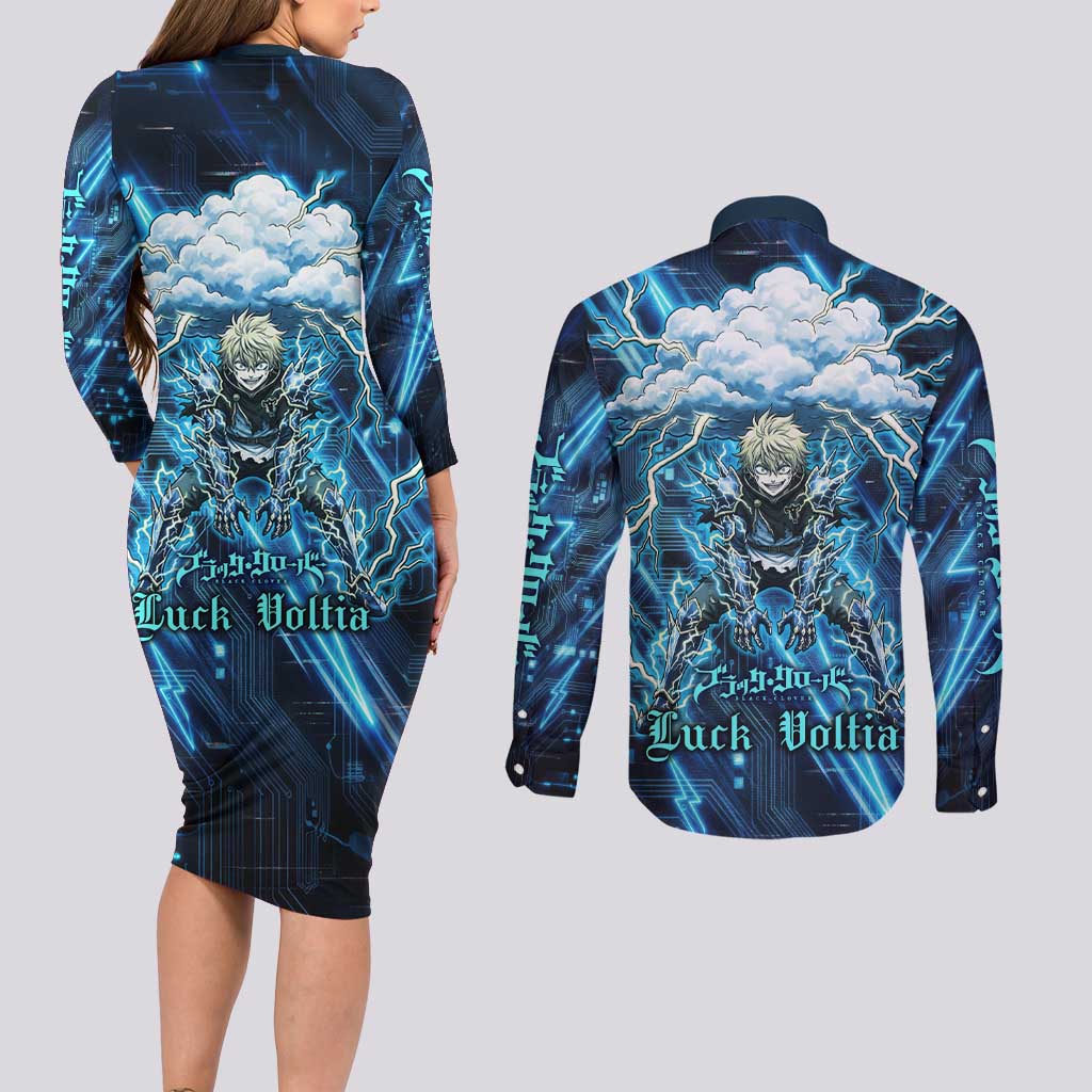 Luck Voltia Black Clover Couples Matching Long Sleeve Bodycon Dress and Long Sleeve Button Shirt Tech Lightning Anime Style with Electric Circuit Background