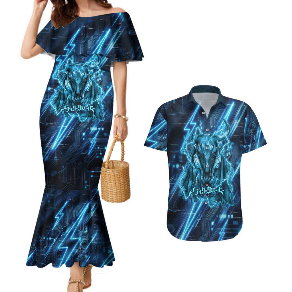 Luck Voltia Black Clover Couples Matching Mermaid Dress and Hawaiian Shirt Tech Lightning Anime Style with Electric Circuit Background