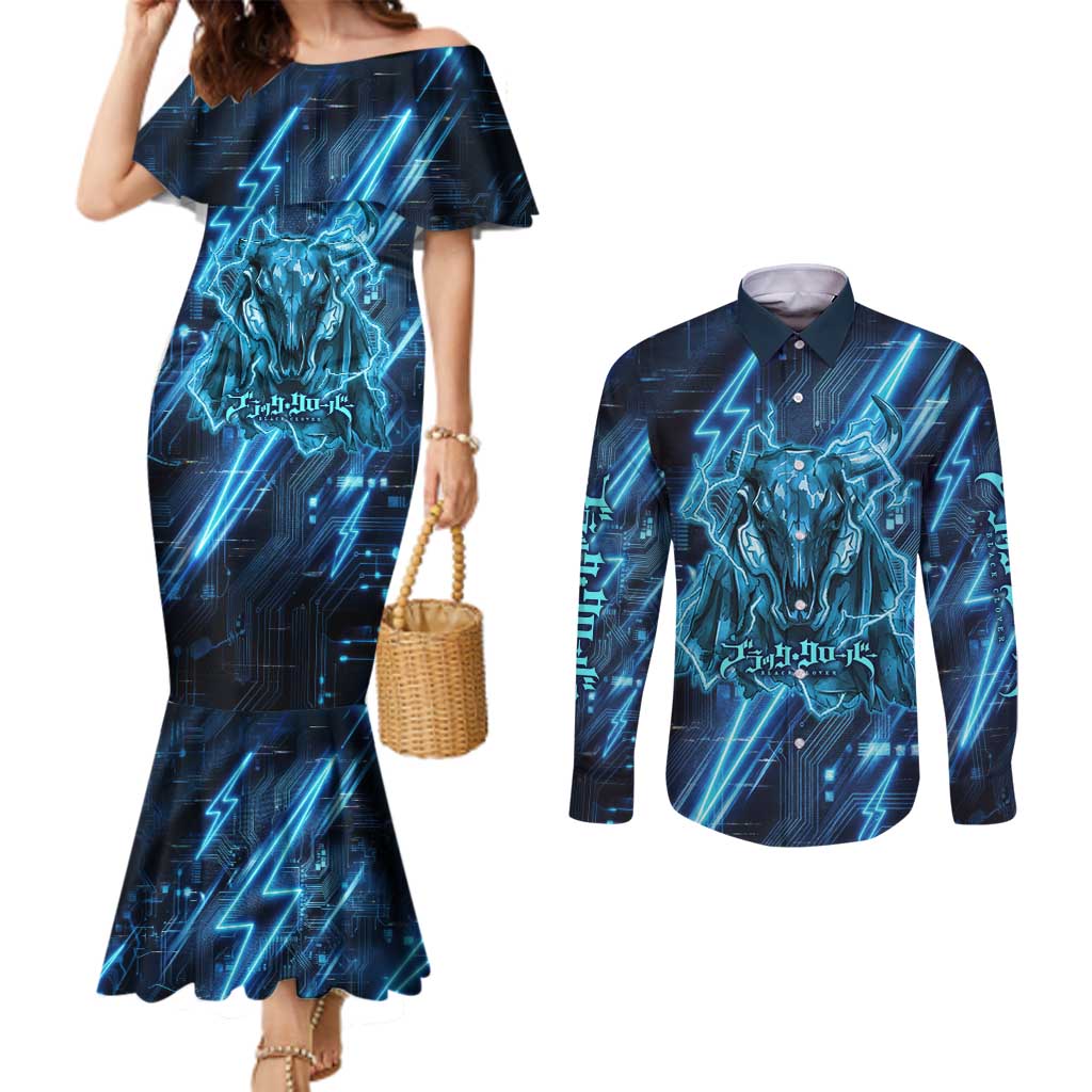 Luck Voltia Black Clover Couples Matching Mermaid Dress and Long Sleeve Button Shirt Tech Lightning Anime Style with Electric Circuit Background