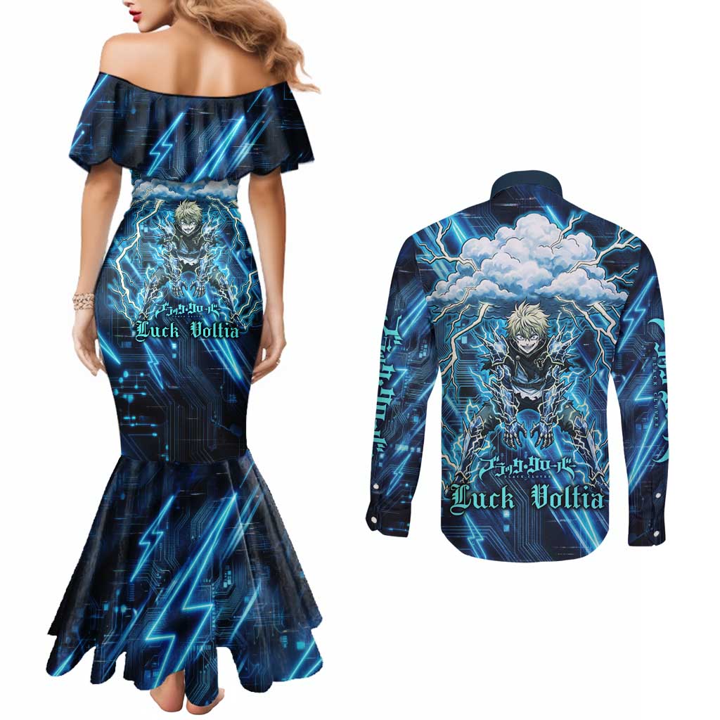 Luck Voltia Black Clover Couples Matching Mermaid Dress and Long Sleeve Button Shirt Tech Lightning Anime Style with Electric Circuit Background