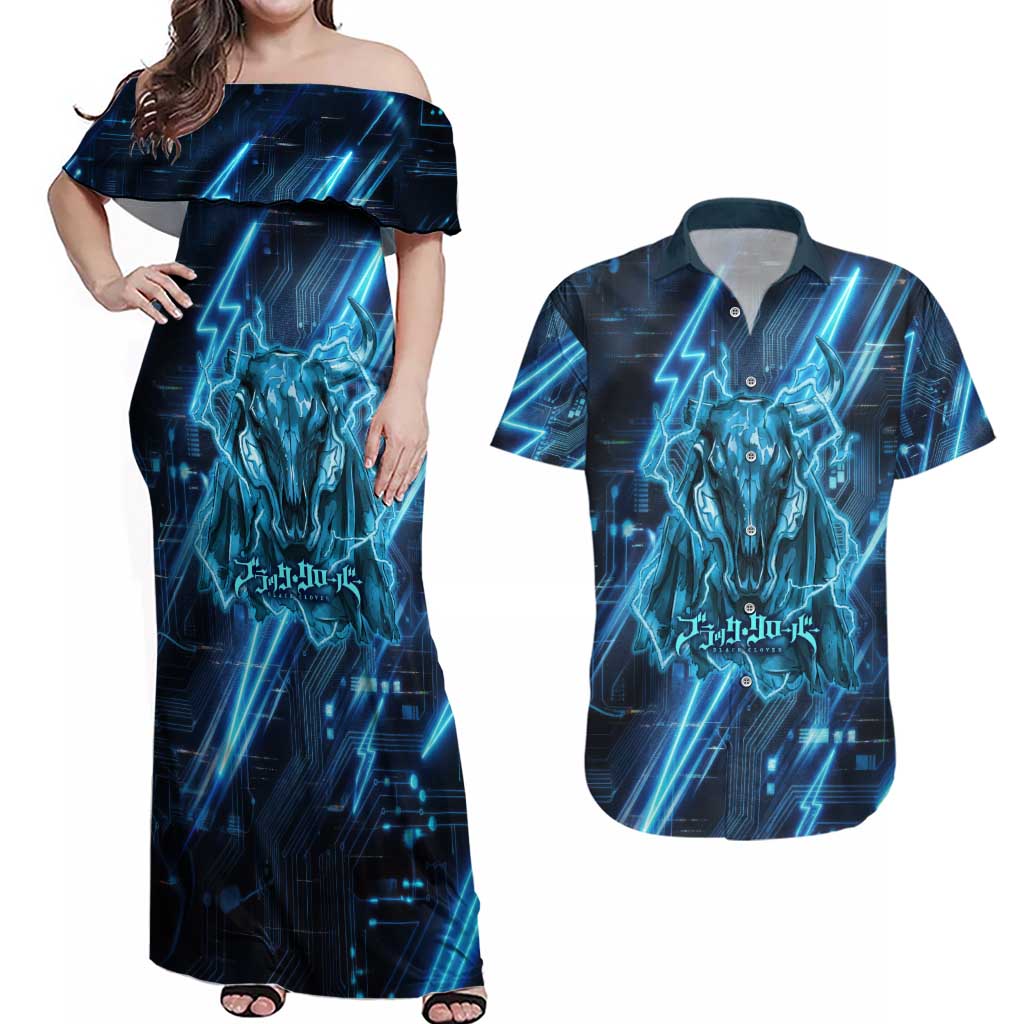 Luck Voltia Black Clover Couples Matching Off Shoulder Maxi Dress and Hawaiian Shirt Tech Lightning Anime Style with Electric Circuit Background