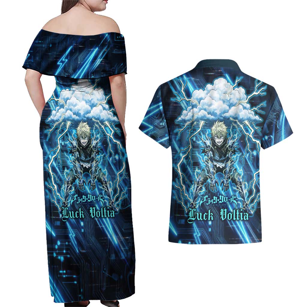 Luck Voltia Black Clover Couples Matching Off Shoulder Maxi Dress and Hawaiian Shirt Tech Lightning Anime Style with Electric Circuit Background