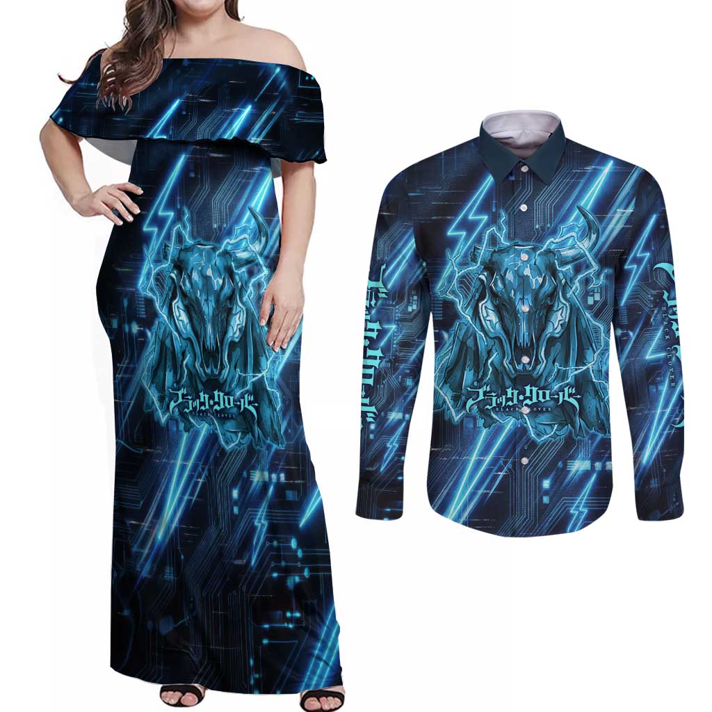 Luck Voltia Black Clover Couples Matching Off Shoulder Maxi Dress and Long Sleeve Button Shirt Tech Lightning Anime Style with Electric Circuit Background