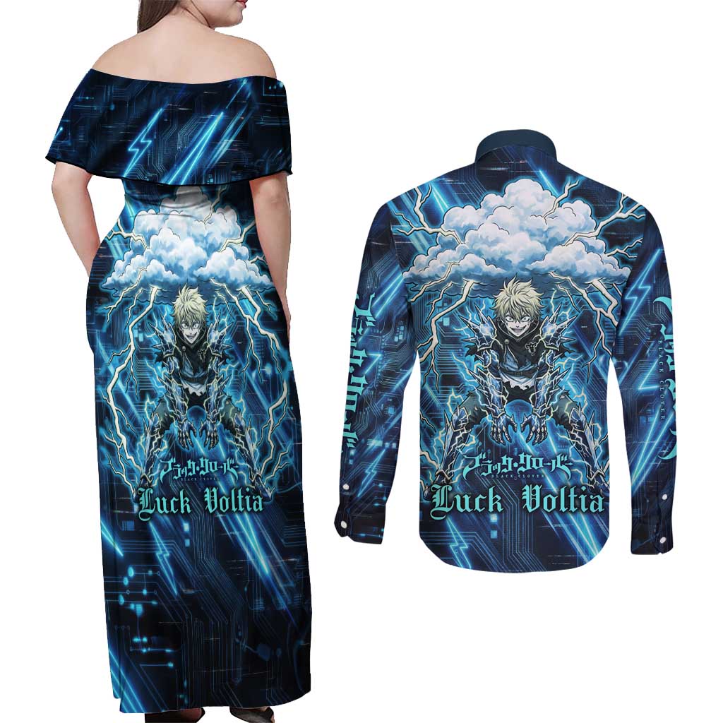 Luck Voltia Black Clover Couples Matching Off Shoulder Maxi Dress and Long Sleeve Button Shirt Tech Lightning Anime Style with Electric Circuit Background