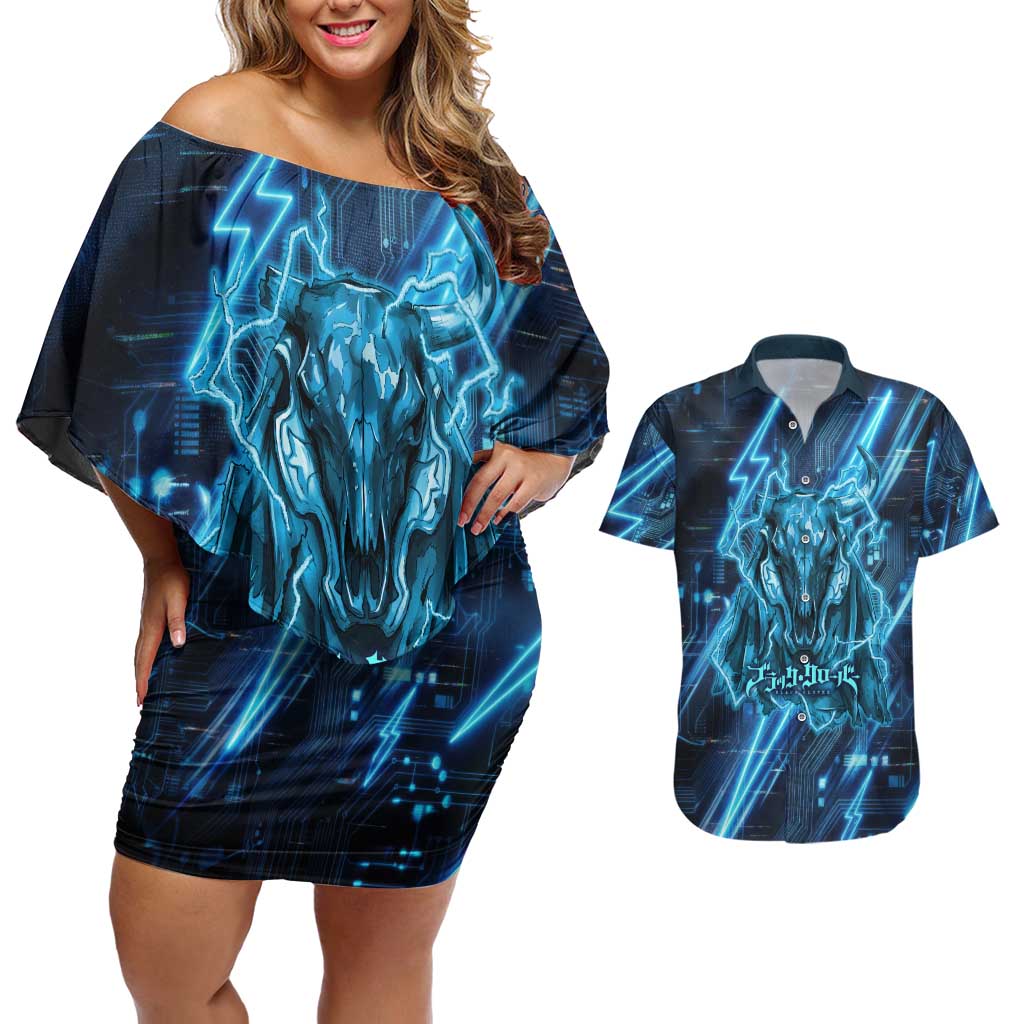 Luck Voltia Black Clover Couples Matching Off Shoulder Short Dress and Hawaiian Shirt Tech Lightning Anime Style with Electric Circuit Background
