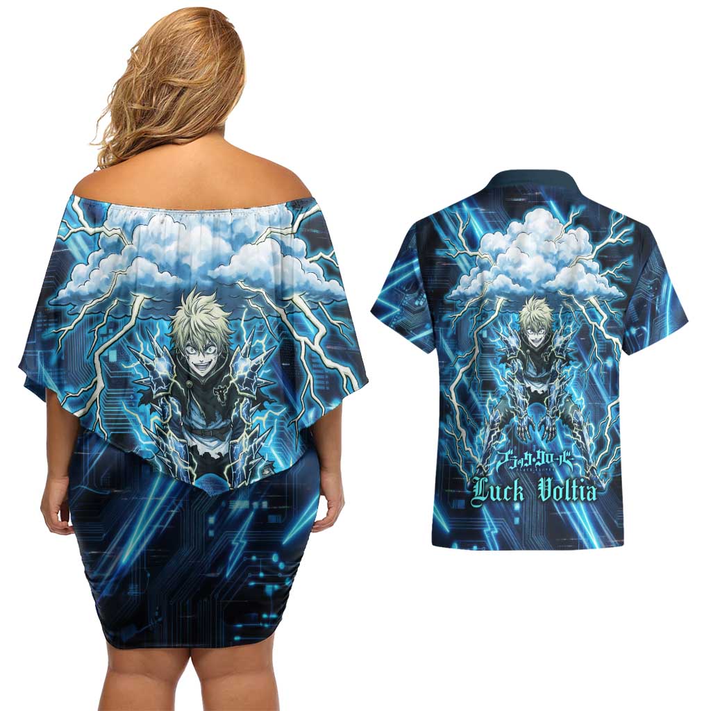 Luck Voltia Black Clover Couples Matching Off Shoulder Short Dress and Hawaiian Shirt Tech Lightning Anime Style with Electric Circuit Background