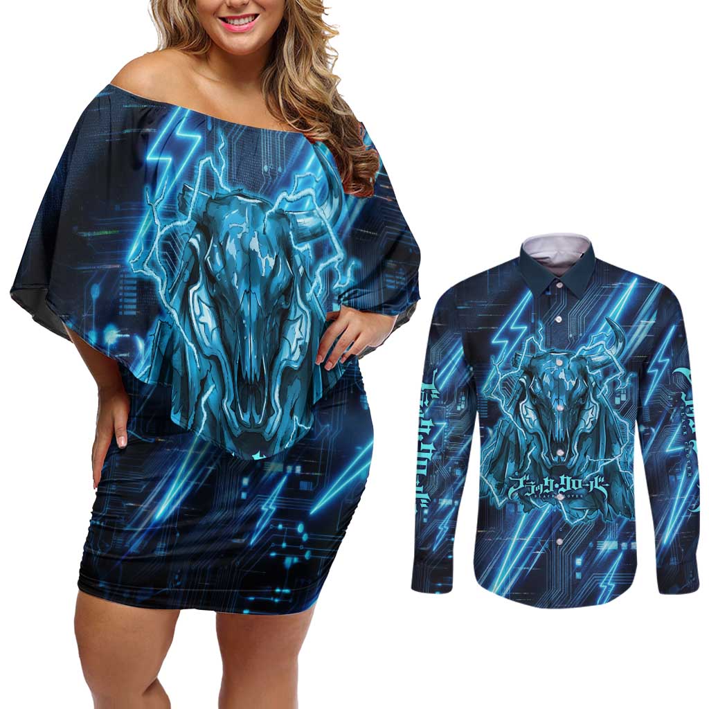 Luck Voltia Black Clover Couples Matching Off Shoulder Short Dress and Long Sleeve Button Shirt Tech Lightning Anime Style with Electric Circuit Background