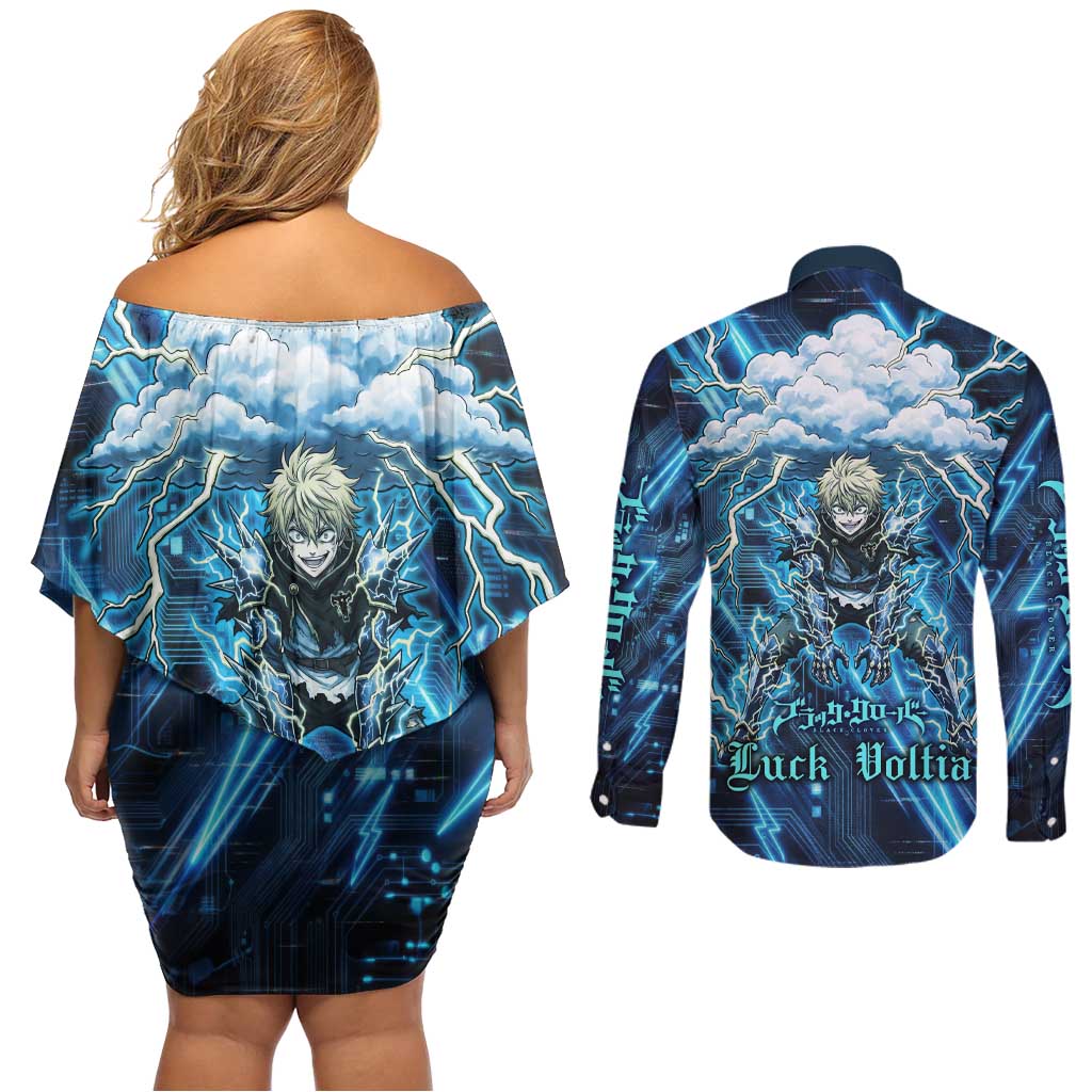 Luck Voltia Black Clover Couples Matching Off Shoulder Short Dress and Long Sleeve Button Shirt Tech Lightning Anime Style with Electric Circuit Background