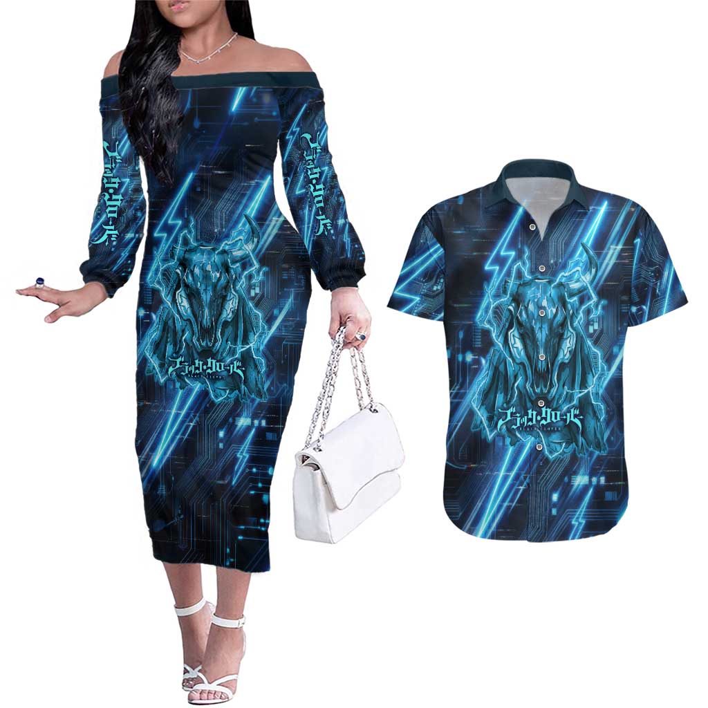 Luck Voltia Black Clover Couples Matching Off The Shoulder Long Sleeve Dress and Hawaiian Shirt Tech Lightning Anime Style with Electric Circuit Background