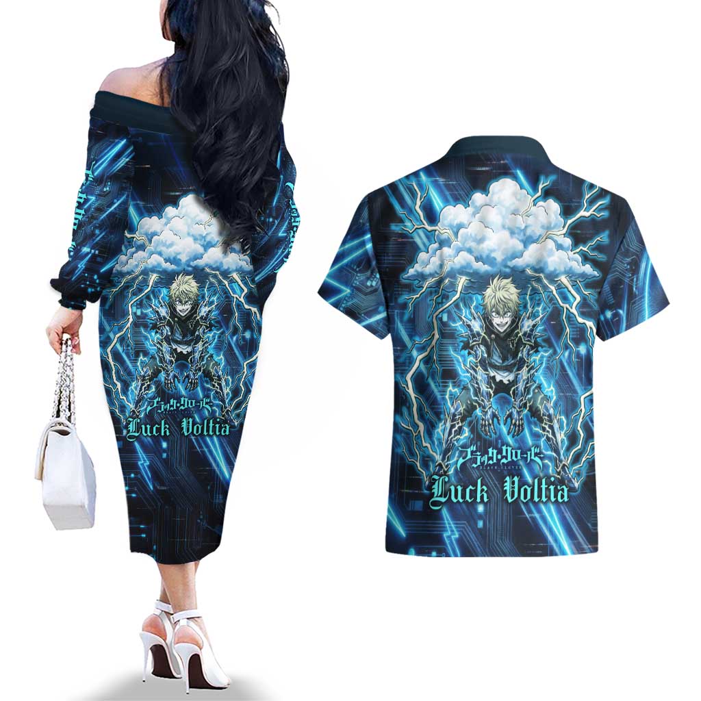 Luck Voltia Black Clover Couples Matching Off The Shoulder Long Sleeve Dress and Hawaiian Shirt Tech Lightning Anime Style with Electric Circuit Background