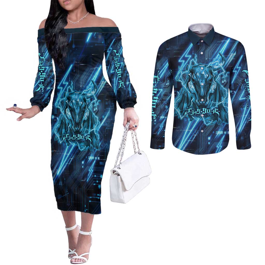 Luck Voltia Black Clover Couples Matching Off The Shoulder Long Sleeve Dress and Long Sleeve Button Shirt Tech Lightning Anime Style with Electric Circuit Background