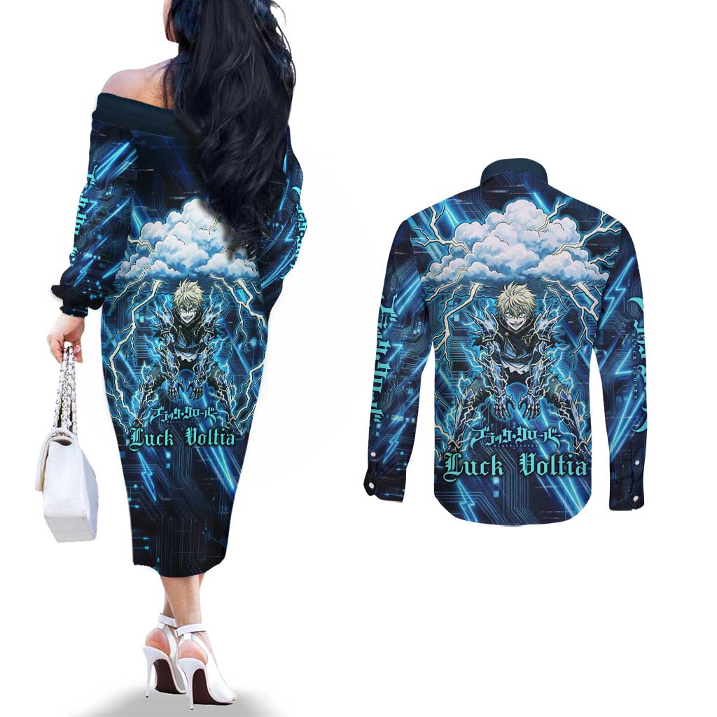Luck Voltia Black Clover Couples Matching Off The Shoulder Long Sleeve Dress and Long Sleeve Button Shirt Tech Lightning Anime Style with Electric Circuit Background
