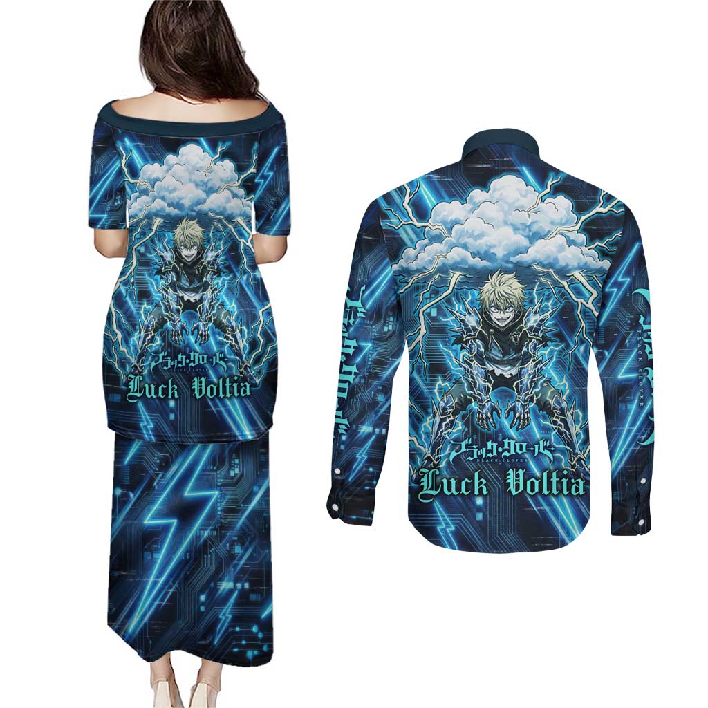 Luck Voltia Black Clover Couples Matching Puletasi and Long Sleeve Button Shirt Tech Lightning Anime Style with Electric Circuit Background