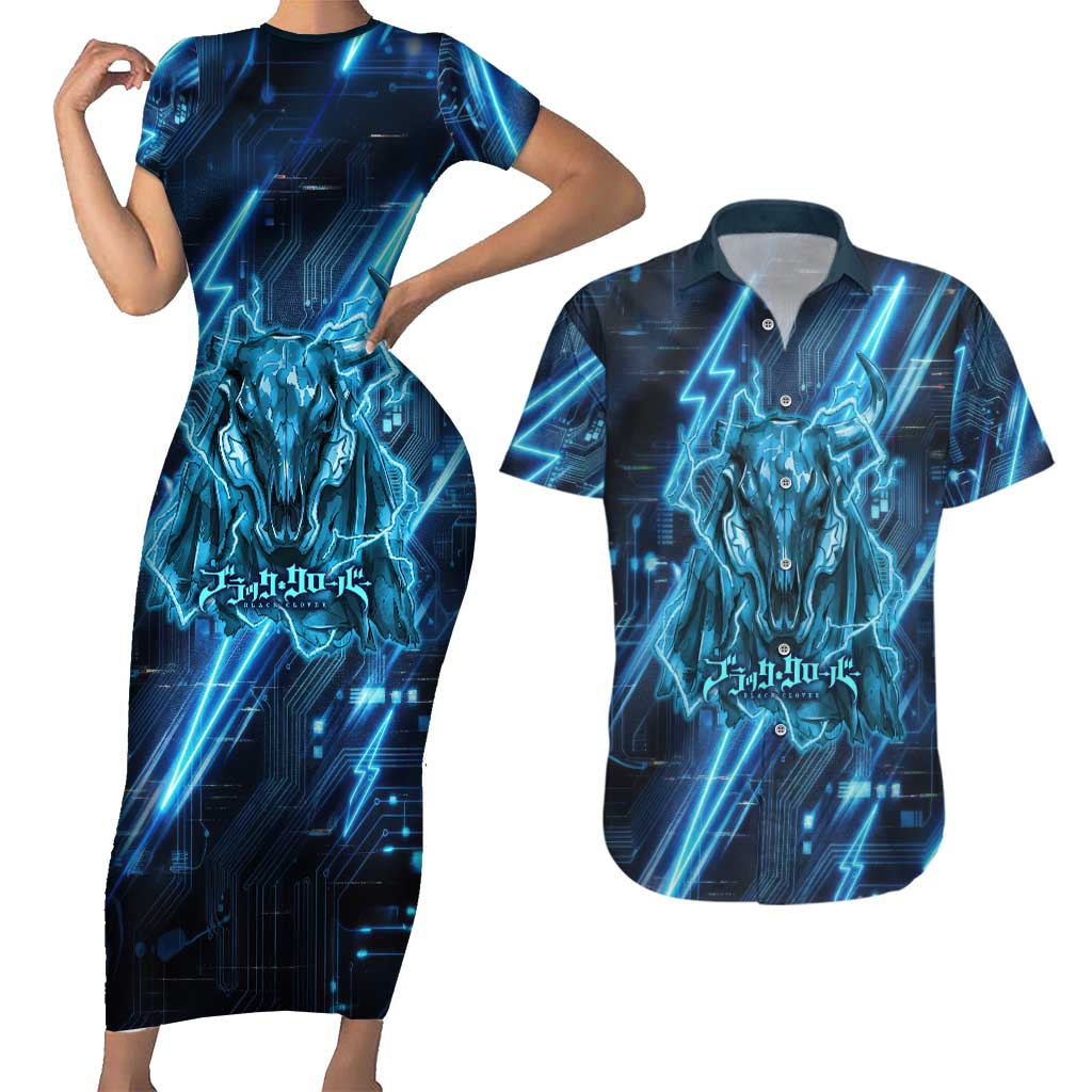 Luck Voltia Black Clover Couples Matching Short Sleeve Bodycon Dress and Hawaiian Shirt Tech Lightning Anime Style with Electric Circuit Background
