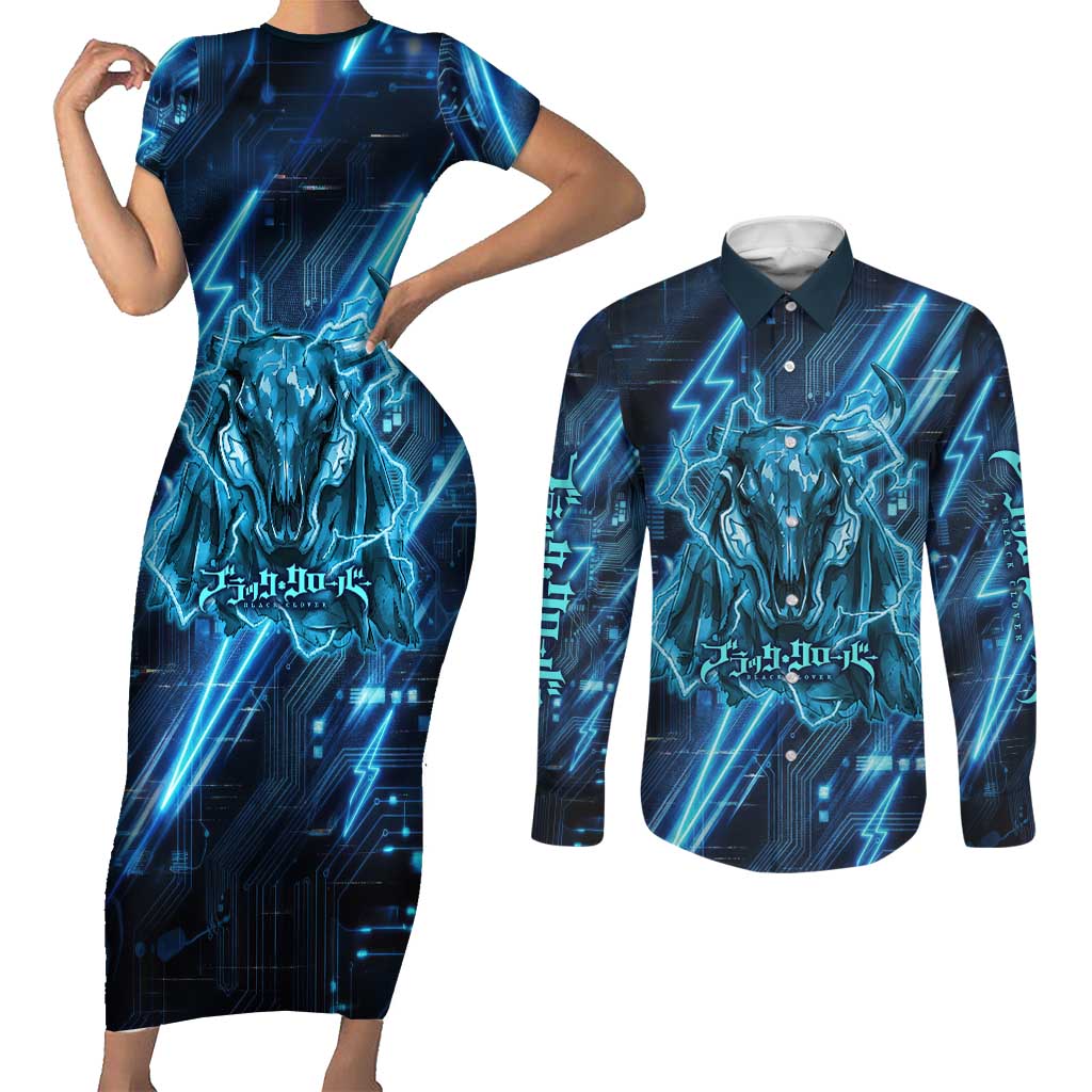 Luck Voltia Black Clover Couples Matching Short Sleeve Bodycon Dress and Long Sleeve Button Shirt Tech Lightning Anime Style with Electric Circuit Background