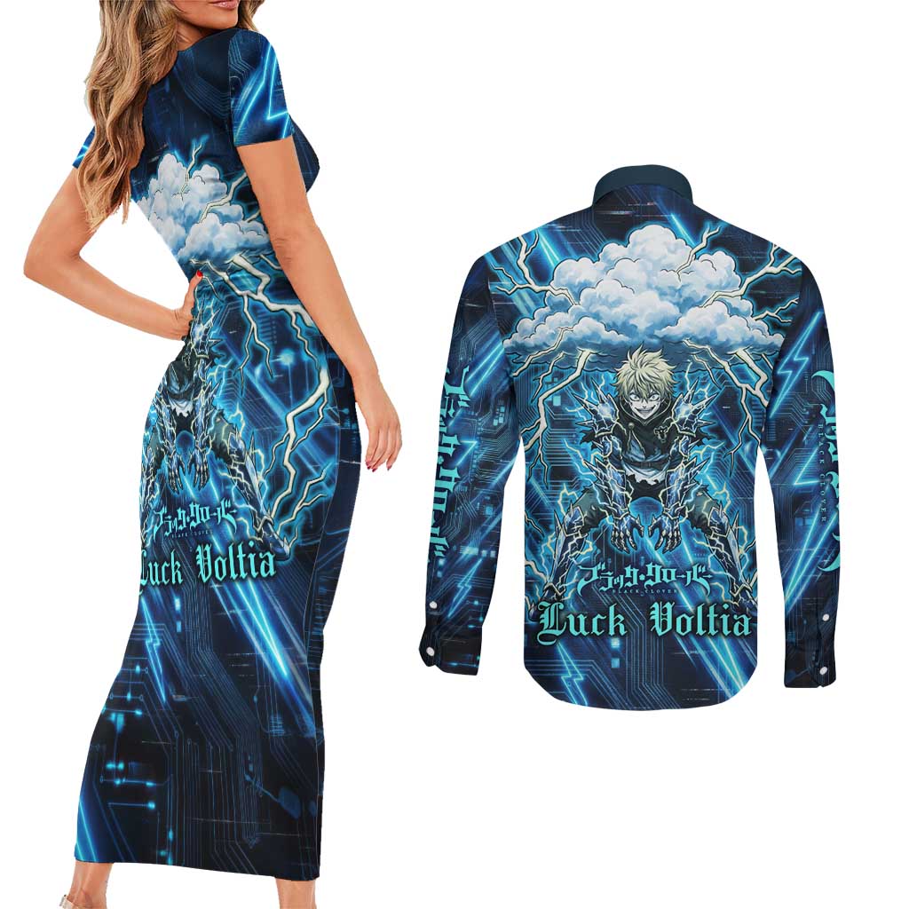 Luck Voltia Black Clover Couples Matching Short Sleeve Bodycon Dress and Long Sleeve Button Shirt Tech Lightning Anime Style with Electric Circuit Background