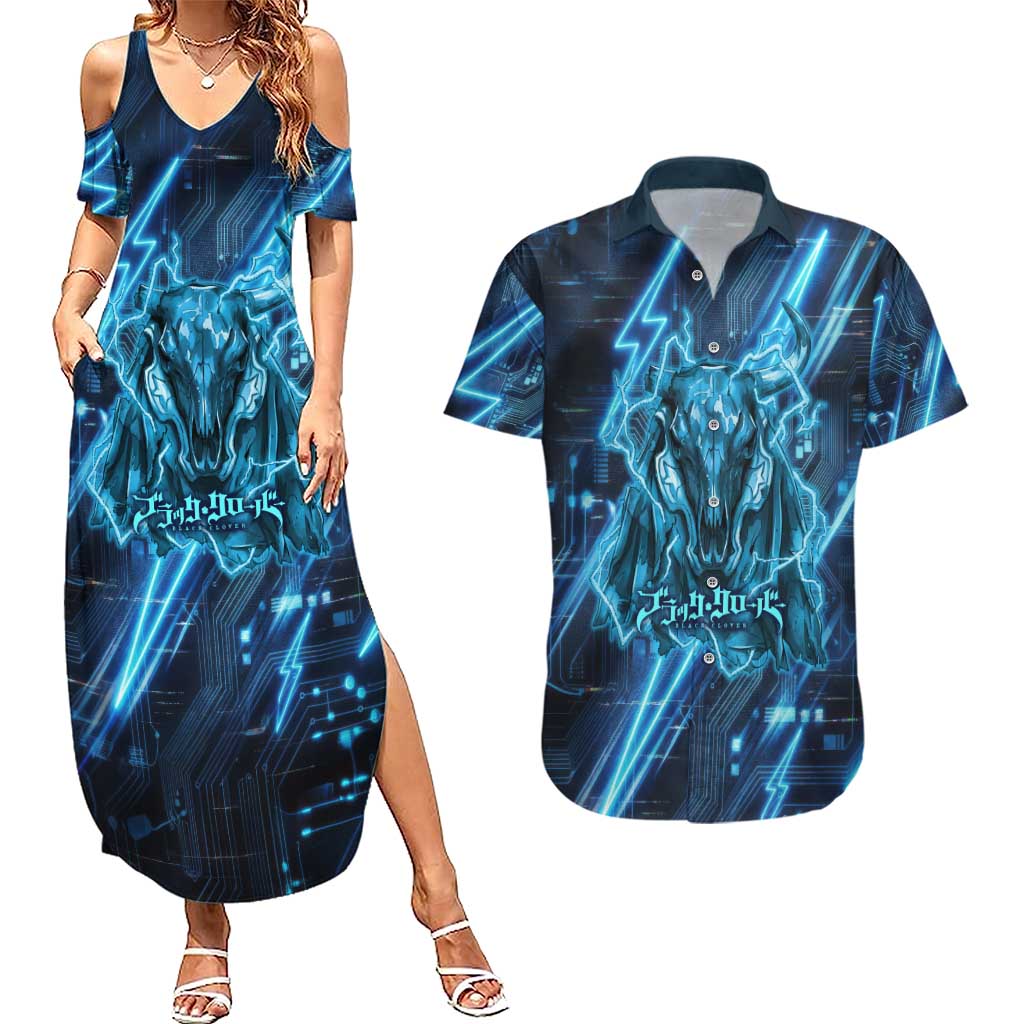 Luck Voltia Black Clover Couples Matching Summer Maxi Dress and Hawaiian Shirt Tech Lightning Anime Style with Electric Circuit Background
