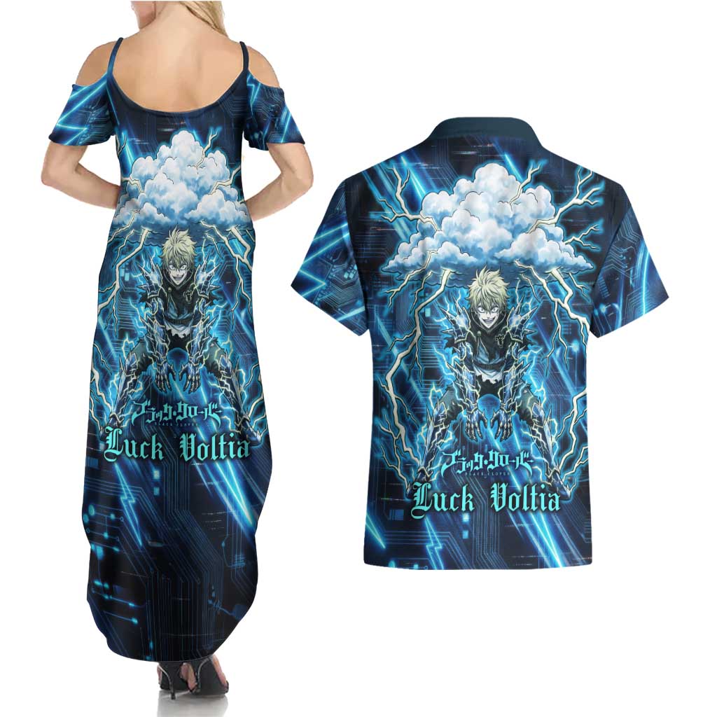 Luck Voltia Black Clover Couples Matching Summer Maxi Dress and Hawaiian Shirt Tech Lightning Anime Style with Electric Circuit Background