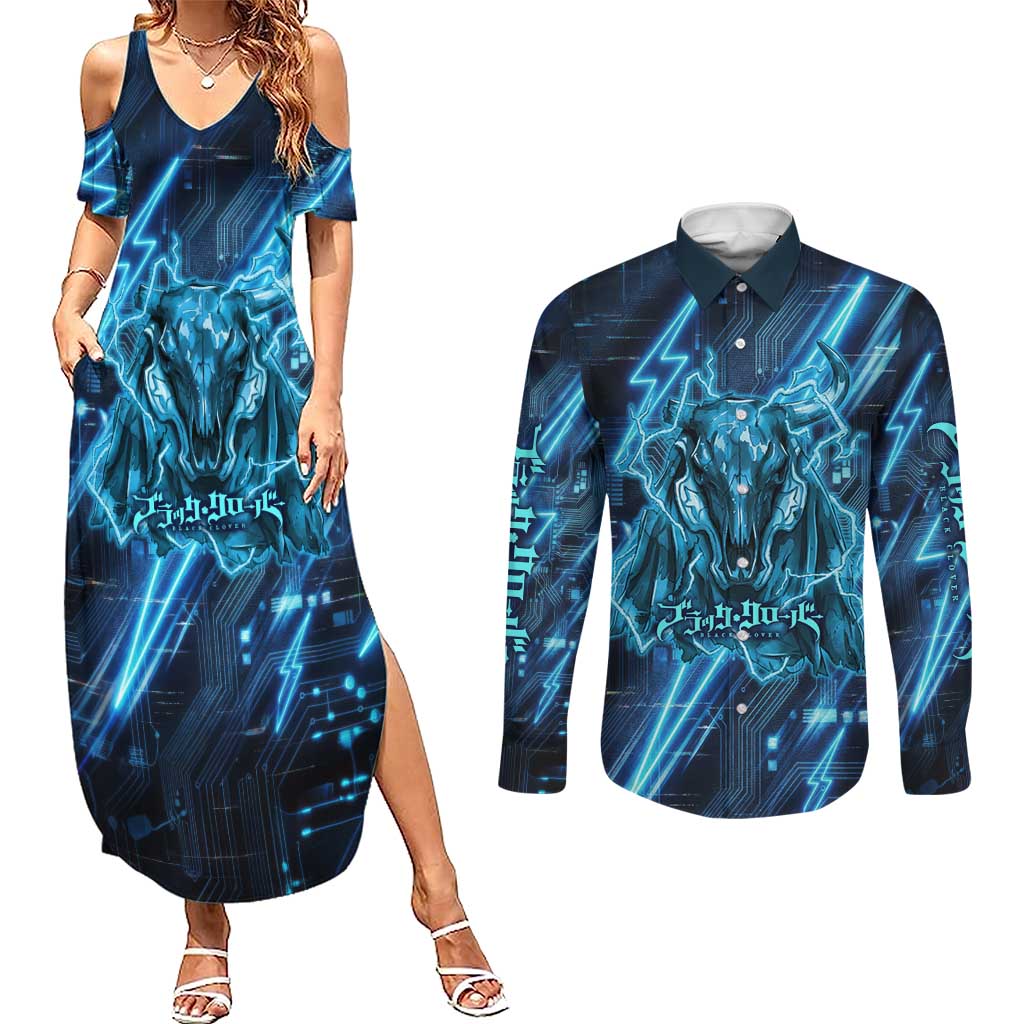 Luck Voltia Black Clover Couples Matching Summer Maxi Dress and Long Sleeve Button Shirt Tech Lightning Anime Style with Electric Circuit Background
