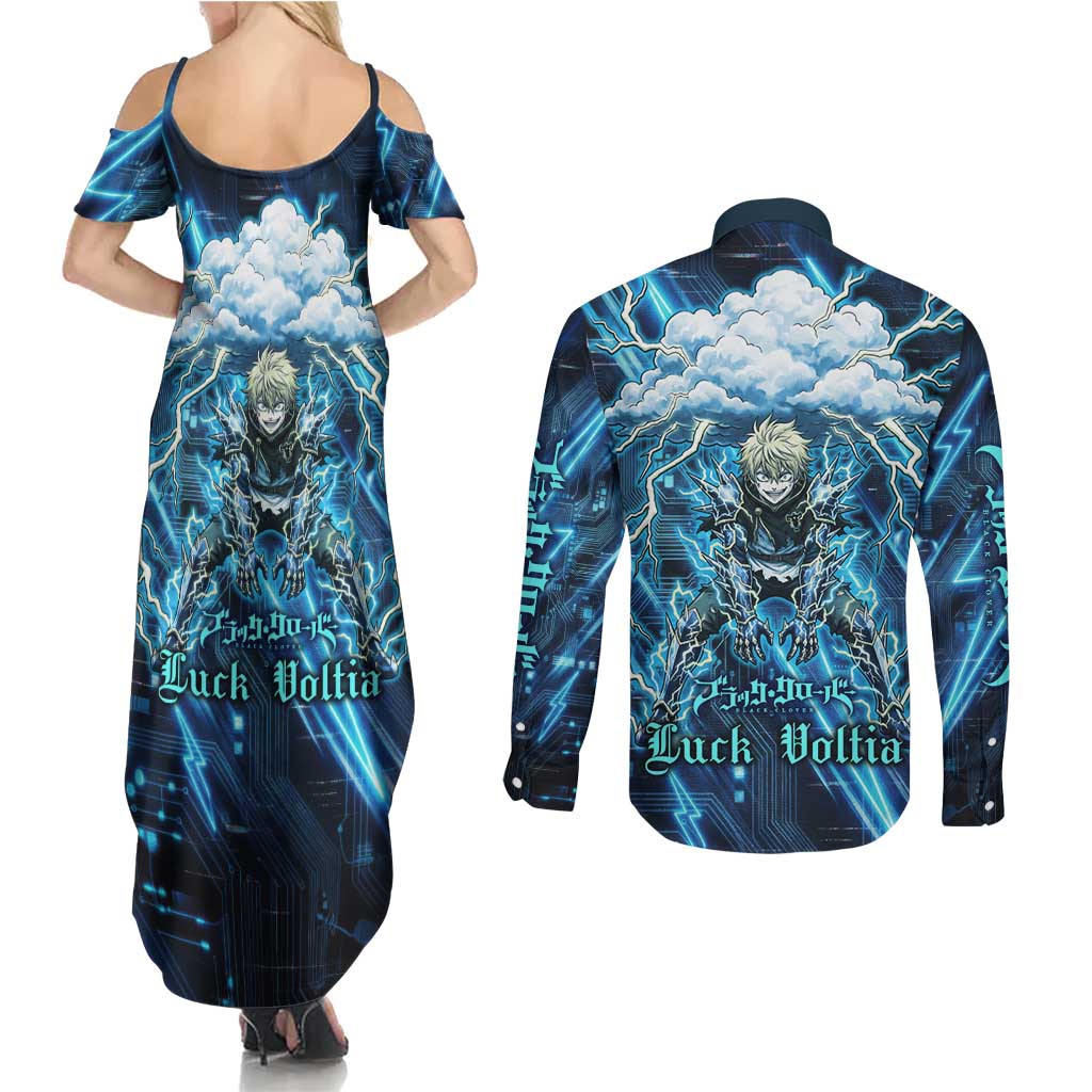 Luck Voltia Black Clover Couples Matching Summer Maxi Dress and Long Sleeve Button Shirt Tech Lightning Anime Style with Electric Circuit Background